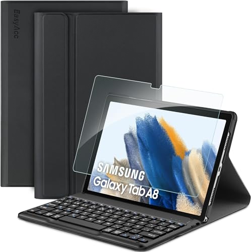 EasyAcc Funda con Teclado Bluetooth Español Compatible con Samsung Galaxy Tab A8 10.5 2021/2022 (SM-X205N/X200N) con Protector de Pantalla, Teclado Funda Protectora Inalámbrica Extraíble, Negro
