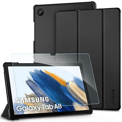 CACOE Funda Compatible con Samsung Galaxy Tab A8 10.5 Pulgadas 2021/2022 Tableta SM-X200/SM-X205 con Cristal Blindado, Ultra Slim PU Protectora Carcasa con Función de Soporte, Negro
