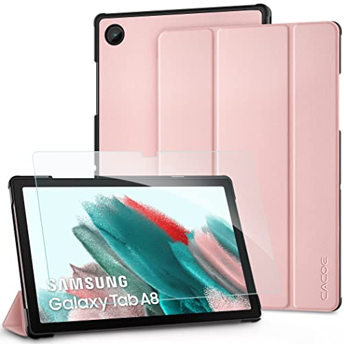 CACOE Funda Compatible con Samsung Galaxy Tab A8 10.5 Pulgadas 2021/2022 Tableta SM-X200/SM-X205 con Cristal Blindado, Ultra Slim PU Protectora Carcasa con Función de Soporte, Oro Rosa