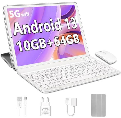 YESTEL Tablet 10 Pulgadas Android 13 con 10 GB RAM + 64 GB ROM (1 TB Ampliable), GPS, 5G Wi-Fi, 8 Core CPU, 5MP + 8MP, Bluetooth 5.0, USB-C Tablet con Teclado + Ratón + Funda, Plata