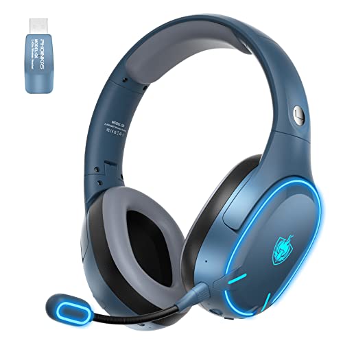 YOTMS Auriculares Wireless para PS4 PS5 Xbox One PC, 2.4GHz/Bluetooth Casco Estéreo con Micrófono Desmontable, Cable de Audio de 3.5mm, Auriculares de Música Bluetooth, 30H de Tiempo de Juego (Azul)