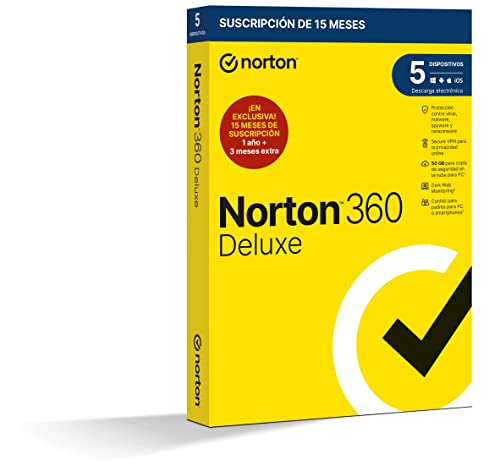 Norton 360 Deluxe 2023 - Antivirus software para 5 Dispositivos, 15 Meses, para PC, Mac, tableta o smartphone