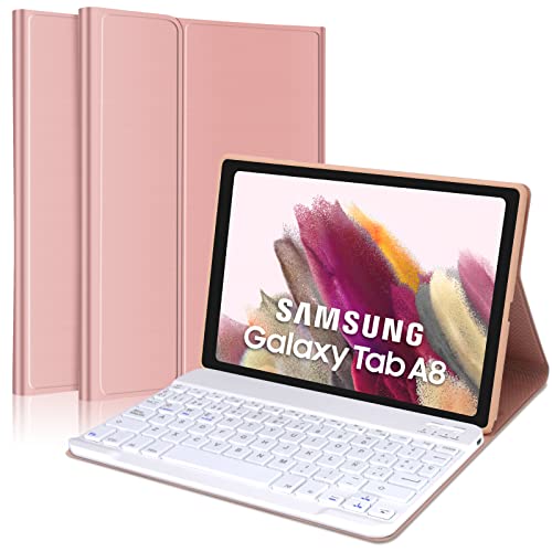 FOGARI Funda con Teclado para Samsung Galaxy Tablet A8 10,5'' 2022 - Teclado Español Ñ Bluetooth Inalámbrico Desmontable - Funda de Cuero Ultra Delgada para Galaxy Tab A8(SM-X200/X205/X207), Rosa