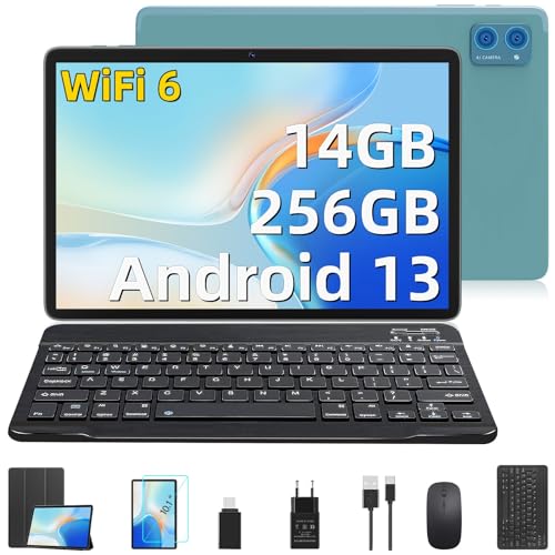Andriod 13 Tablet 10 Pulgadas, 14GB RAM 256GB/TF 1TB ROM, Tableta WiFi 6, Octa Core, 5Ghz+2.4Ghz WiFi, 1920*1200 FHD, Caméra 8+5MP, 7000mAh, Tablet Android con Bluetooth Type-C Teclado y Ratón(Azul)