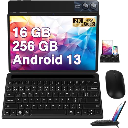 GOODTEL Tablet 11 Pulgadas Android 13,16GB RAM+256GB ROM(TF 1TB),Pantalla 2K/2000 * 1200 Pixels/8600mAh/5MP+13MP/4 Altavoces/5G+2.4G WiFi/BT 5.0,Tablet con Teclado y Ratón - Negro