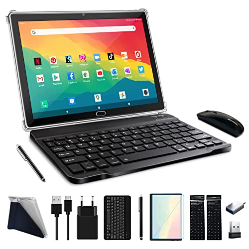 2023 Nueva Tablet 10 Pulgadas,Android 4G LTE +WiFi Tablets con 2 SIM 1 SD,2 en 1 Tableta PC con teclado y ratón-64GB ROM 512GB TF Octa-Core, Batería 6000mAh,13MP+5MP,1080 FHD IPS,Bluetooth-Negro