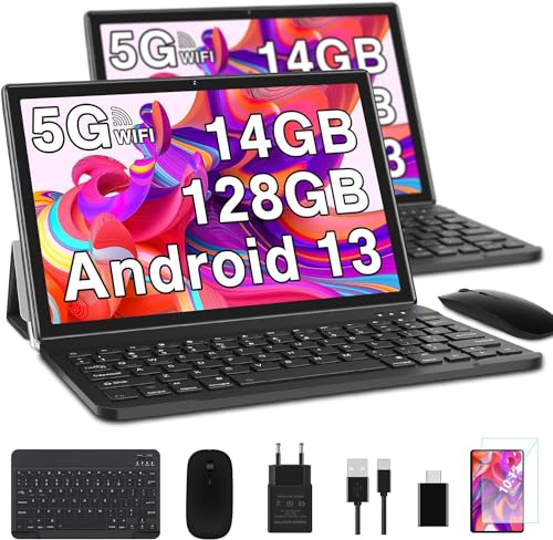 GOODTEL Tablet 10 Pulgadas 14GB RAM + 128GB ROM 1TB TF, Tablet Android 13, WiFi 5G + 2.4G, Bluetooth 5.0, GPS, Batería 8000mAh, 8MP + 5MP, Tablet con Funda, Teclado y Ratón-Negro