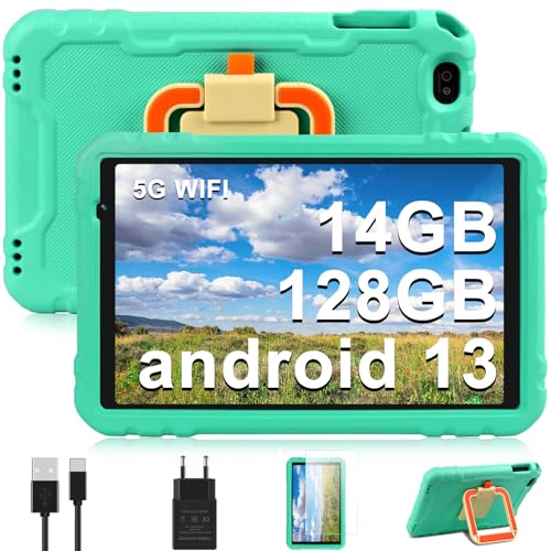 AOCWEI Tablet Niños 10 Pulgadas 8 Core Android 13 Tableta con 14GB RAM+128GB ROM (TF 512) HD IPS Display |5MP+8MP |2.4G Wi-Fi |8000mAh-Super Protective Antichoque Eva Estuche Protector-Verde Claro