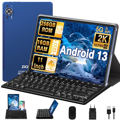 ZIOVO 2024 Newest 2K Tablet 11 Pulgadas 16GB RAM+256GB ROM/1TB TF, Android 13 Tablet PC, Cores 2.0GHz, 5G WiFi, 2000*1200 FHD IPS, 8600mAh, 5+13+2MP, BT 5.0, Certificada GMS, Tableta con Teclado-Azul