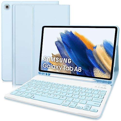 Samsung Galaxy Tab A8 Funda con Teclado Español Ñ, Inalámbrico Bluetooth, para Tab A8, Zoll, 2022(SM-X200/X205/X207), 10,5'' Teclado magnético con Tapa, Azul