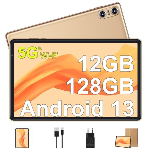 SEBBE Tablet 10 Pulgadas Android 13 Tablet PC 12GB RAM + 128GB ROM TF 1TB Octa-Core 2.0 GHz, Google GMS | Bluetooth 5.0 | 5G WiFi | 6000mAh | 1280 * 800 | 5MP+8MP, Tablet con Funda Oro