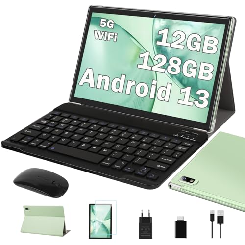 2024 Newest Tablet 10 Pulgadas Android 13 Tablets, 12GB RAM+128GB ROM/TF 1TB, 5G WiFi, 8-Core 2.0 GHz | GMS Certificado | BT 5.0 | Widgets | Control parental | Tablet con funda, teclado y ratón -Verde