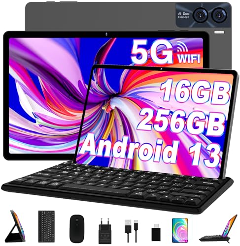 2024 Newest Tablet 11 Pulgadas 16GB RAM + 256GB ROM (1TB TF) Android 13 5G + 2.4G WiFi, Cores 2.0Ghz, 8600mAh, Bluetooth 5.0, 13MP + 5MP, Type C, OTG, Cast, Tablet PC con Funda, Teclado e Ratón - Gris