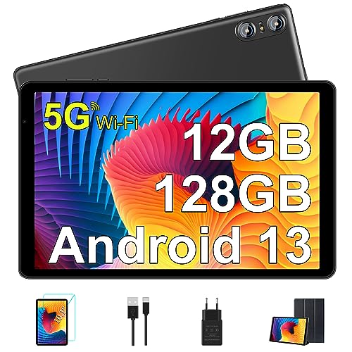 SEBBE Tablet 10 Pulgadas Android 13 Tablet PC 12GB RAM + 128GB ROM TF 1TB Octa-Core 2.0 GHz, Google GMS | Bluetooth 5.0 | 5G WiFi | 6000mAh | 1280 * 800 | 5MP+8MP, Tablet con Funda Negro