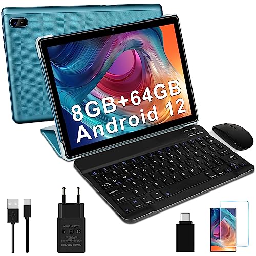 DMOAO Tablet 10 Pulgadas Android 12 con 5G WiFi, HD Tablets 2 en 1 con Teclado y Ratón, 8GB RAM(4 GB Original + 4 GB Ampliable) + 64GB ROM (TF 1TB), Bluetooth 5.0, 8 Cores, 2.0 GHz, 6000 mAh, Azul