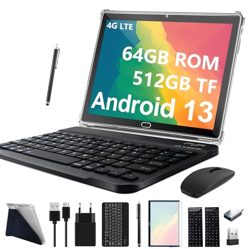 2023 Nueva Tablet 10 Pulgadas,Android 4G LTE +WiFi Tablets con 2 SIM 1 SD,2 en 1 Tableta PC con teclado y ratón-64GB ROM 512GB TF Octa-Core, Batería 6000mAh,13MP+5MP,1080 FHD IPS,Bluetooth-Negro