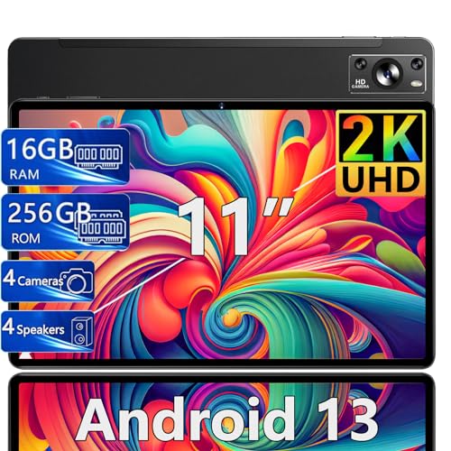 Tablet 11 Pulgadas 16GB RAM+256GB UFS ROM(1TB TF), 2K Pantalla 2000*1200 UHD, Android 13, WiFi 5G, BT 5.0, 8 Cores, 4 Altavoces, 8600mAh, 13MP+5MP, Cuerpo Metálico, con Funda Exclusivo Hall, Negro